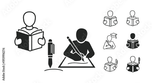 Educational icons depicting students reading writing and graduating silhouette
