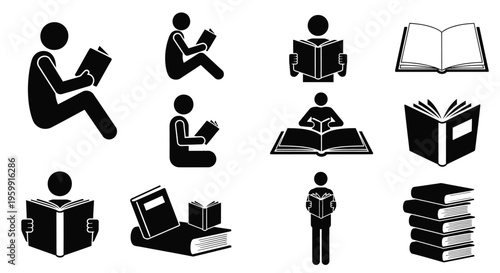 People reading books in various poses minimalist black design silhouette