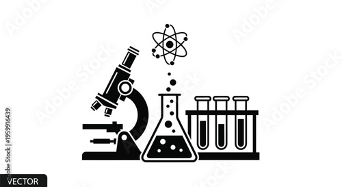 Scientific equipment including a microscope flasks and atom model silhouette