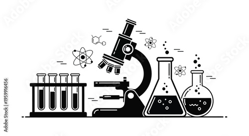 Scientific equipment including a microscope beakers and atoms black silhouette