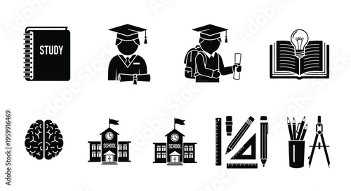 Educational icons depicting learning books and school in black silhouette