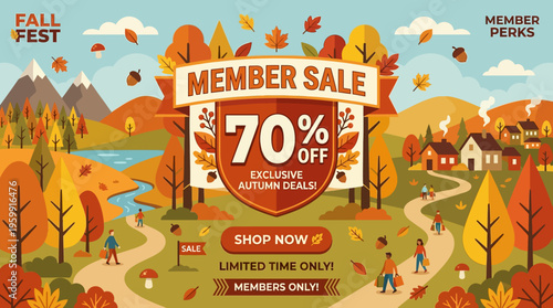 Autumn Member Sale Banner with 70% Off and Fall Landscape