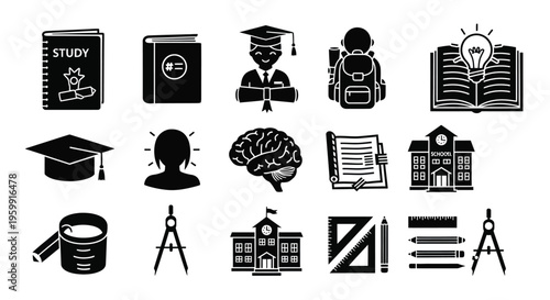 Educational icons depicting study materials graduation and learning a silhouette