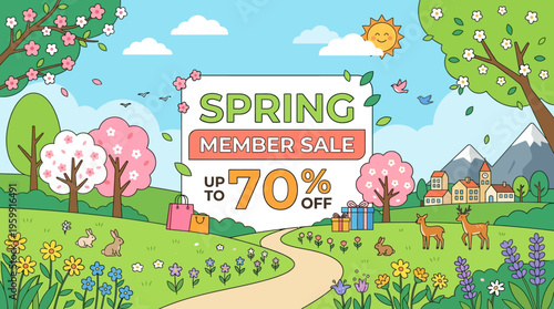 Spring Member Sale Banner with Scenic Landscape