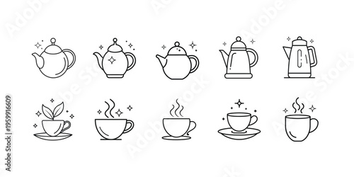 Teapot and beverage outline icon set featuring ceramic kettle, tea cup, herbal brew, hot steam, porcelain pot, and more vector illustration on editable stroke