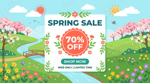 Spring Sale Banner with 70% Off and Floral Landscape