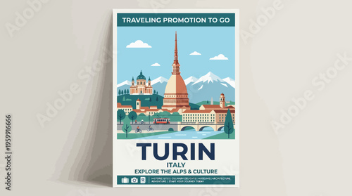 Turin Italy Travel Poster. Explore the Alps and Culture