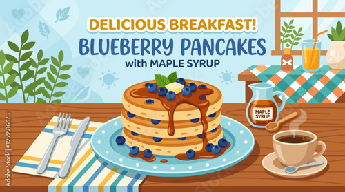 Delicious Breakfast Blueberry Pancakes with Maple Syrup