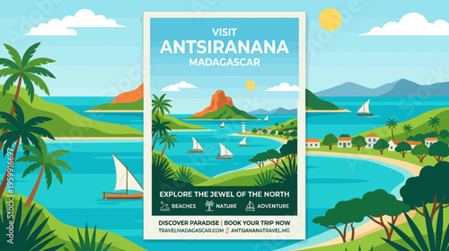 Antsiranana Madagascar Tourism Poster in Flat Style