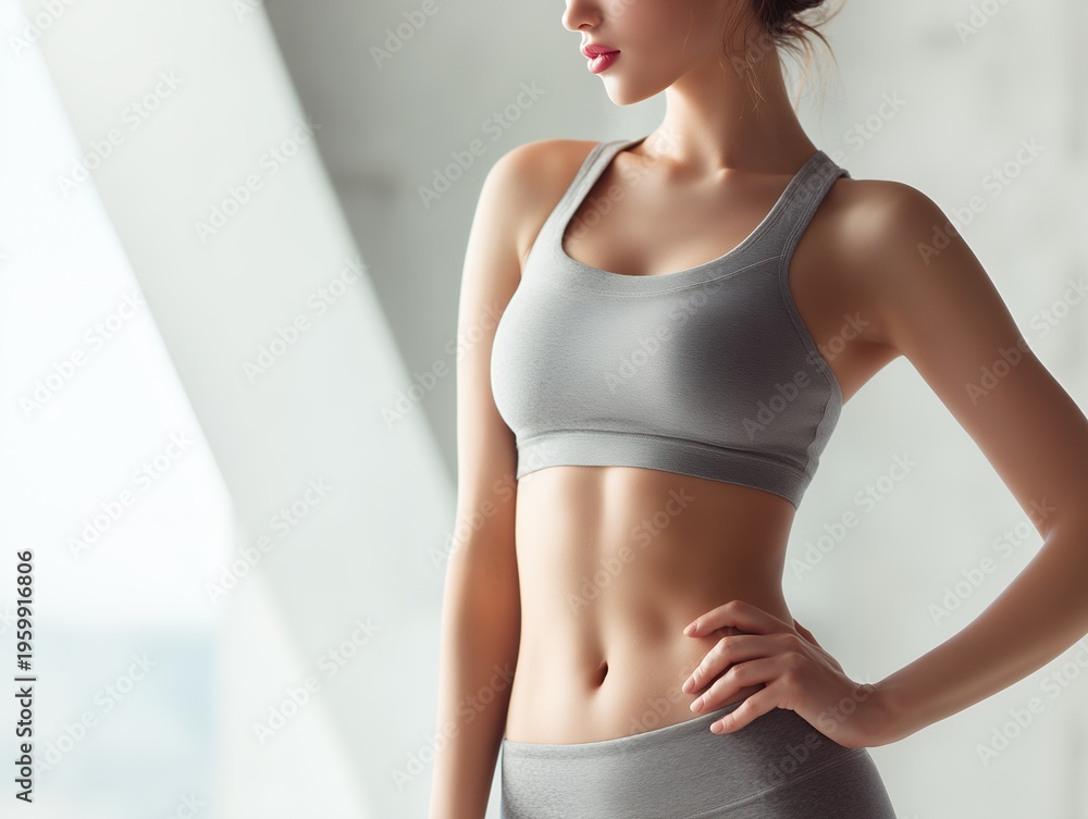 Fototapeta premium グレーのスポーツウェアを着用して室内でポーズをとる引き締まったお腹の若い女性