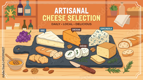 Artisanal Cheese Selection with Bread Grapes and Honey