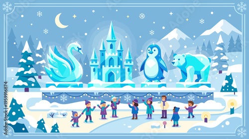 Winter Wonderland Ice Sculptures and Cheerful People