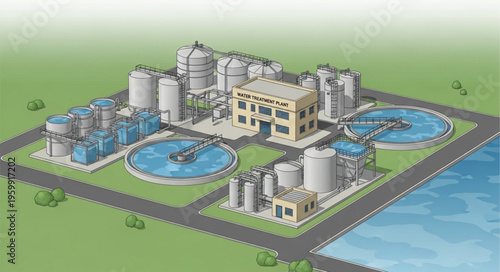 Aerial wastewater treatment plant complex with clarifiers and tanks.