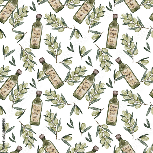 Watercolor seamless pattern illustration of olives, branches, and olive oil. Hand painted background