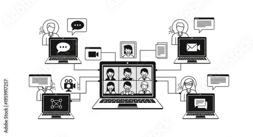 Black and White Illustration of Virtual Team Video Conference.