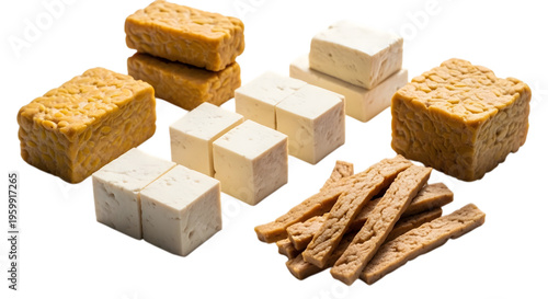 Assorted blocks and sticks of tofu and bread on black background