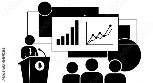 Business presenter at podium delivering data presentation.