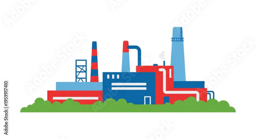 Colorful industrial factory plant illustration with chimneys and pipes.