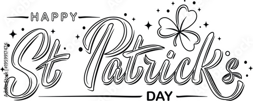Fotografie Happy st patricks day brush lettering black text with shamrock leaf and sparklin