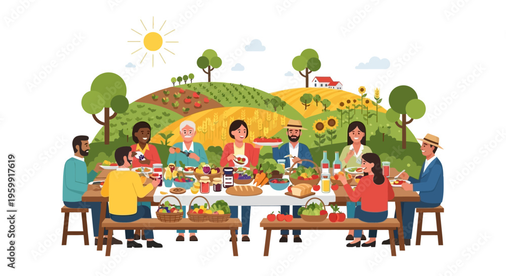 Fototapeta premium Diverse Group Enjoying a Fresh Farm-to-Table Meal Outdoors with Abundant Harvest and Rural Landscape