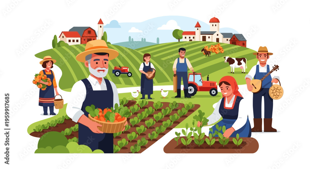 Fototapeta premium Happy Farming Community Harvesting Fresh Produce on a Vibrant Rural Landscape with Farmhouses, Animals & Tractors - Vector Illustration