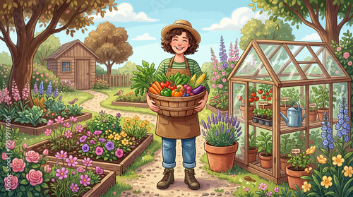 a cartoon woman holding a basket of vegetables in a garden with flowers and a greenhouse.
