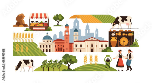 Charming European Countryside & Village Life Illustration: Agriculture, Traditional Culture, Local Market, Historic Architecture