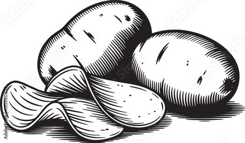 Potatoes and potato chips, vintage engraving style, raw root vegetables and snack food.. Vector illustration