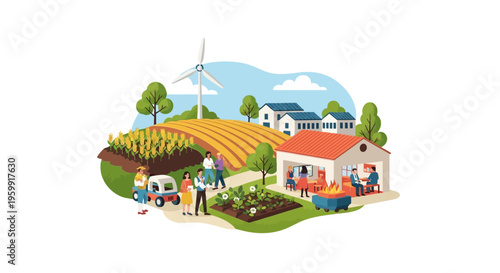 Sustainable Rural Community Illustration: Green Agriculture, Renewable Energy & Local Market Interaction