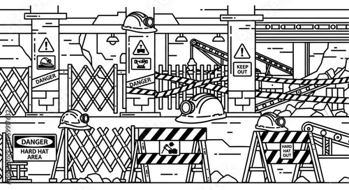 Construction Site Barricades And Warning Signs Closeup.