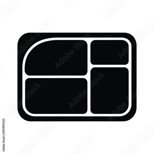 A minimalist black and white icon depicting a partitioned rectangular food tray for school lunch