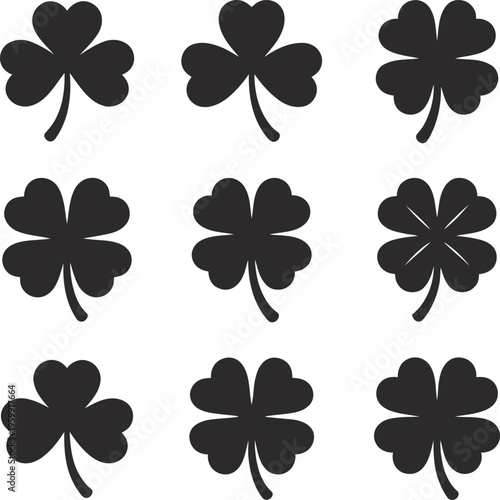 Black clover silhouette icons set including three and four leaf lucky shamrocks on transparent grid background for ST Patrick