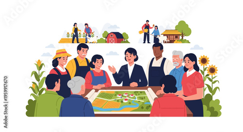 Diverse Farmers & Businesswoman Discussing Agricultural Development Plan. Rural Community Meeting for Sustainable Farming Strategy & Land Management.