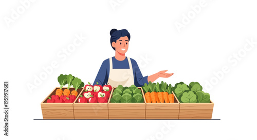 Smiling Vendor Selling Fresh Organic Fruits and Vegetables at a Farmers Market Stall Illustration