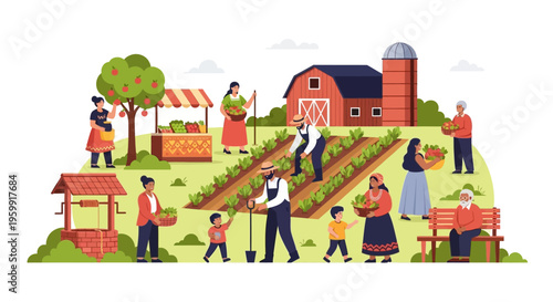 Vibrant Diverse Community Farming and Harvesting Fresh Organic Produce. Sustainable Farm Life Illustration with Market Stall, Barn, and Happy People.