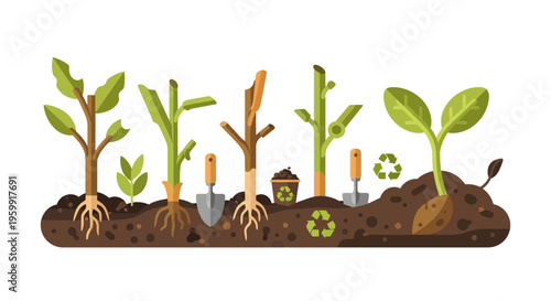 Sustainable Gardening Illustration: Plant Growth, Eco-Friendly Tools & Recycling Concepts.