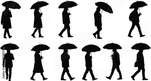 Set of black isolated silhouettes of different people walking with umbrellas, vector illustration of men and women in rainy weather