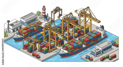 Container Port Terminal With Gantry Cranes And Containers.