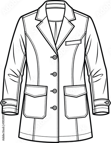 Elegant woman blazer jacket outline with notched lapels, long sleeves, four buttons, and two front flap pockets