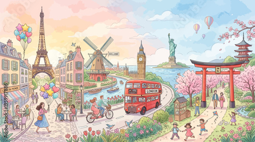 Vibrant illustration of famous landmarks and travel destinations around the world.