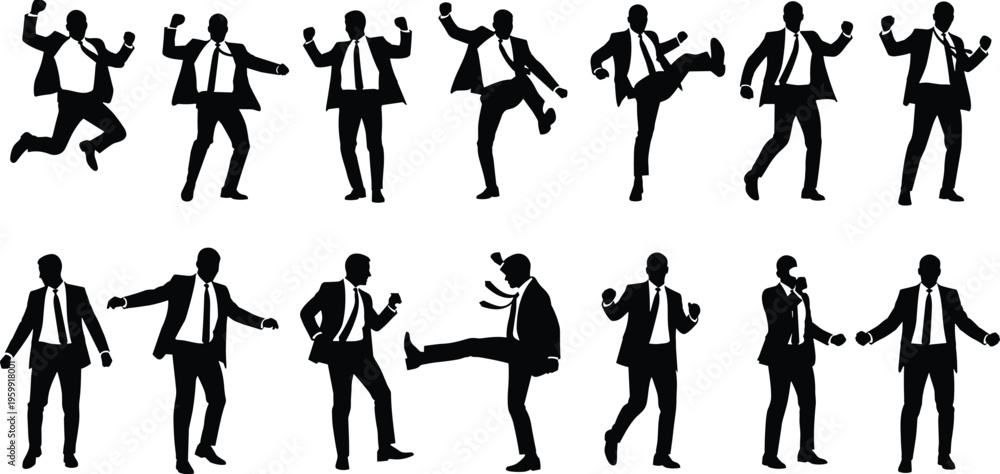 Fototapeta premium Set of black isolated silhouettes of happy businessman in suit dancing, jumping, and celebrating success in various poses, vector illustration