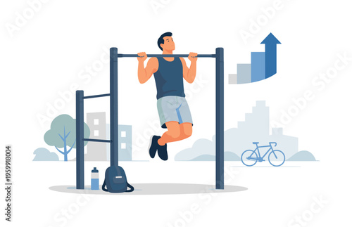 Healthy urban lifestyle scenario showing a person integrating street workout into daily routine for physical wellbeing and personal development, with a character engaging with a