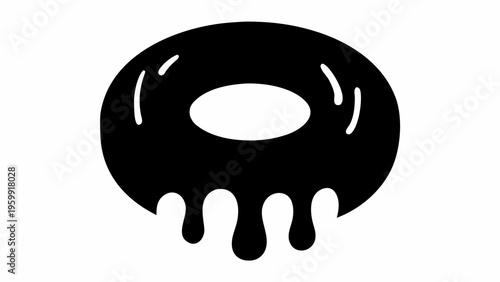 Glossy black donut with chocolate icing drip modern silhouette icon for dessert or bakery design