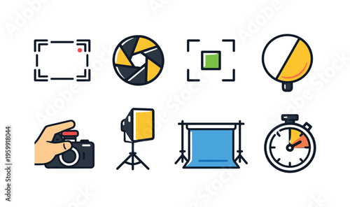 Photo shooting process: camera viewfinder frame, aperture shutter symbol, focus target square, light reflector disc, studio softbox light, photo backdrop stand, hand pressing
