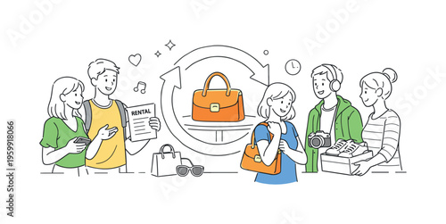 A modern sharing economy scenario where users access temporary fashion and lifestyle accessories without ownership through convenient rental services, visualized through a small