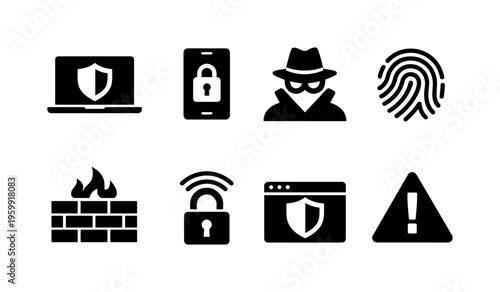 Online privacy and protection: laptop with shield, mobile secure app, anonymous user, fingerprint authentication, firewall wall, lock with wifi, safe browsing, warning alert