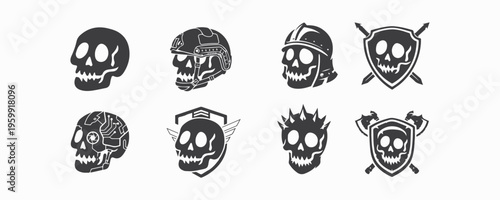 Set of 8 Skull Vector Icons - Military, Firefighter, Cyberpunk, Flaming & Warrior Skull Logo Collection