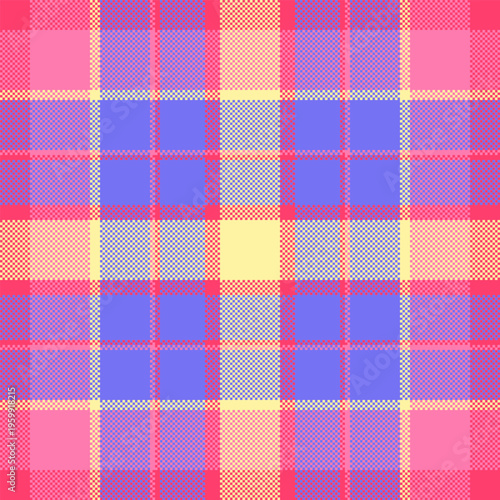 Vibrant pink, yellow and purple plaid pattern with a digital pixelated texture. This seamless tartan design is ideal for retrostyle fashion, web backgrounds, or cozy seasonal textile art.