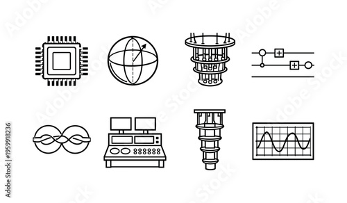 Quantum computing concepts: quantum chip, qubit sphere, cryogenic chamber, quantum circuit diagram, entanglement link, control console, dilution refrigerator, waveform signal graph