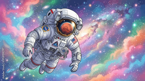 Astronaut floating in colorful galaxy space.